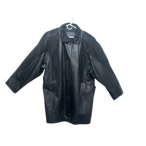 Jaqueline Ferrar Vintage Retro Leather Jacket Coat XL Black Button Down Western